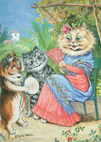 Chatte avec éventail et deux chatons - Louis Wain